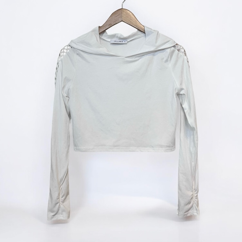CELLABIE White Crop Hooded Mesh Cutout Long Sleeve Pullover Top MEDIUM